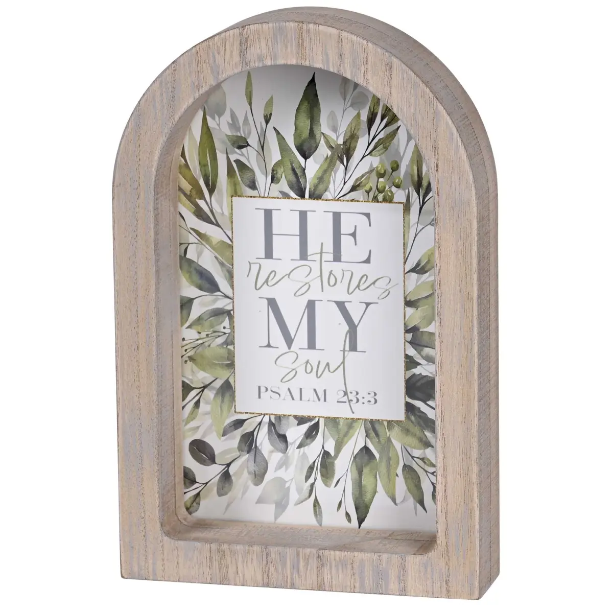360 Stand Floral Arch Photo Frame - Wood-Framed, "He Restores My Soul" Design, 7x11 in, Dimensional Look, Home Decor Accent, Arch Frame