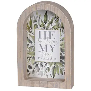 360 Stand Floral Arch Photo Frame - Wood-Framed, "He Restores My Soul" Design, 7x11 in, Dimensional Look, Home Decor Accent, Arch Frame