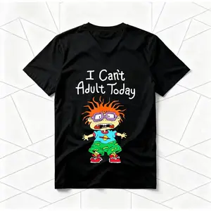 GEM "I Can't Adult Today" Rugrats Cartoon American Retro Black Short-Sleeved Unisex T-Shirt, Nostalgic 90s Character Graphic, Casual Streetwear for Cartoon & Meme Enthusiasts, Unique Quirky Pop Culture Fashion Statement Piece Game funny crewneck menswear