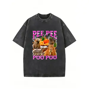 Men Casual T-Shirt Black Washed Pure  Heavyweight Fabric Funny Capybara Animal Graphic Print Round Neck Short Sleeve Top for Daily Streetwear Outing