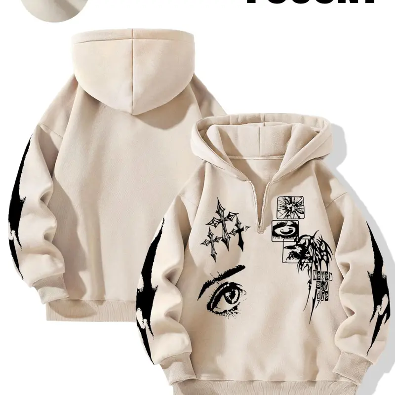 Men's Thermal Lined Cross Graphic Half Zip Hoodie, Regular Fit Street Casual Long Sleeve Hooded Sweatshirt for Fall & Winter, Men's Clothes Menswear Tops for Daily Wear, Casual Street Fashion, Print Hooded Sweatshirt