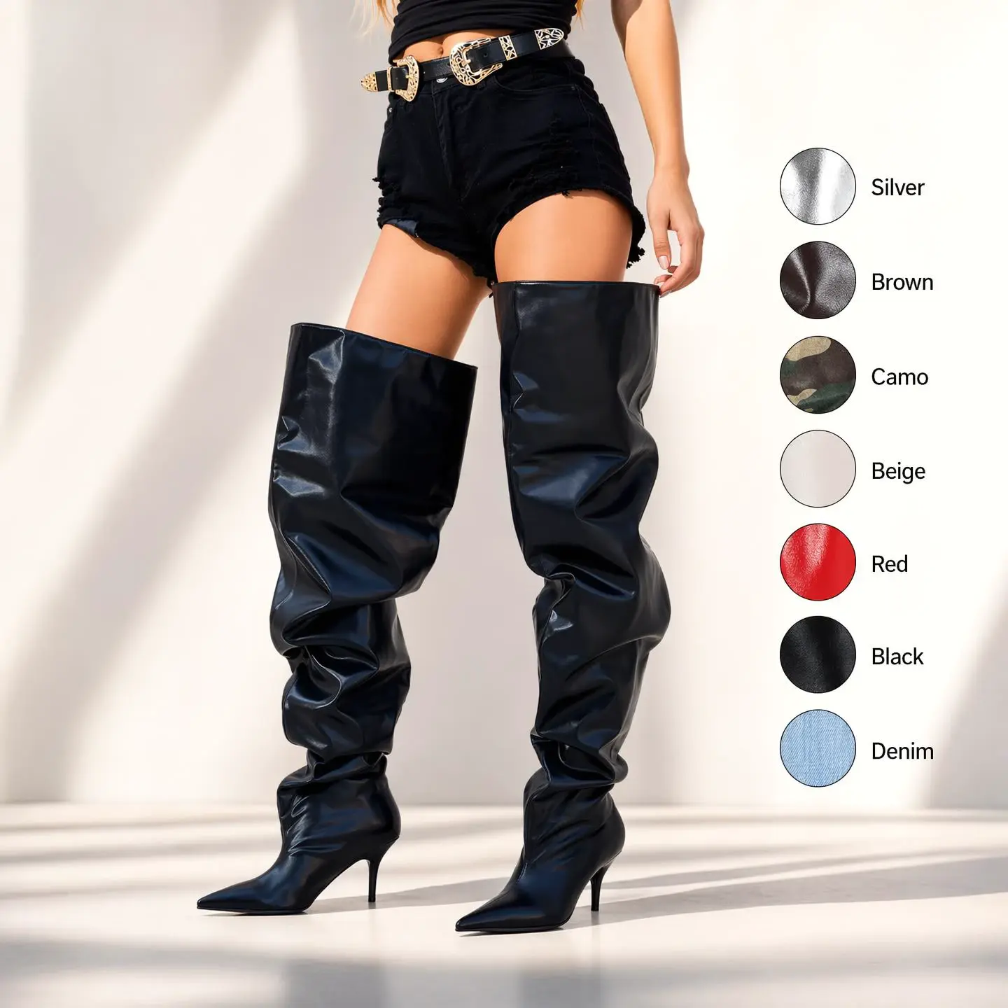 Women Pointed Toe Slouchy Knee High Boots Stiletto High Heel Shiny Leather Tall Pull On Boots For Party Club Night Out Fall Winter Black Fur Snow Wide Calf Cowhide winter boot and roots long