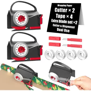 Wrapping Paper Cutter(2-Pack) & Tape Dispenser Dual Use with 4 Tapes Gift Wrap Cutter Tool Paper Roll Holder Tube Sliding Slicing for Christmas Birthday Holiday