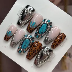Western Turquoise Press On Nails, Leopard Cowgirl Nails, Chrome Rodeo Nail Set, 3D Country Glam Nails, Handmade Y2K Western Nails