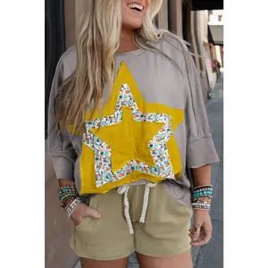 Medium Grey Floral Star Patched Pattern 3/4 Sleeve Plus Size Top