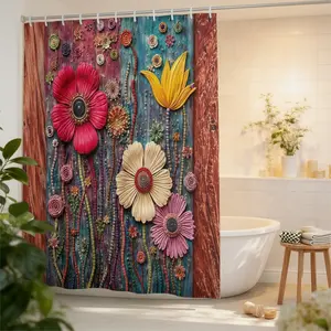 Vintage Wooden Panel Floral Bathroom Curtain, Shower Curtain, Artistic Privacy Door Hanging, Home Decor Soft Furnishing, Bathroom Decoration Accessories, Flower, Includes Hooks