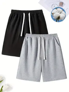 2-pack men’s casual mid-length athletic shorts with elastic waistband, drawstring design and pockets; breathable and comfortable, featuring 45% cotton fabric. Casual, stylish, and versatile—suitable for fitness, sports, everyday life, and outings.
