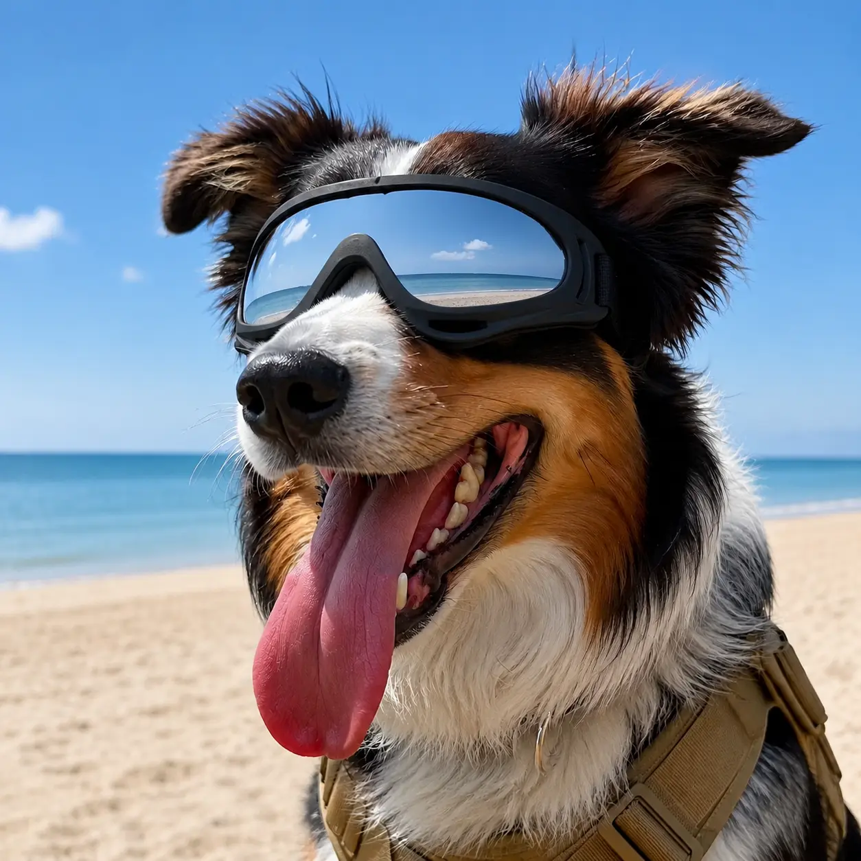 Windproof and dustproof dog goggles—protective eyewear designed specifically for pets, featuring a secure fit and stylish reflective lenses; suitable for medium to large dogs, they are an ideal choice for travel, outdoor activities, skiing, and car rides.