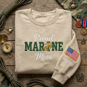 Proud Marine Mom Embroidered Sweatshirt, Custom Name USMC Hoodie, Military Mother Gift, Marine Wife Crewneck, Patriotic Apparel