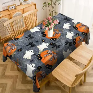 Halloween Ghost & Pumpkin Bow Tablecloth, Polyester Rectangular Cloth for Kitchen Dining Bedroom Outdoor Picnic Home Decor Gift Idea
