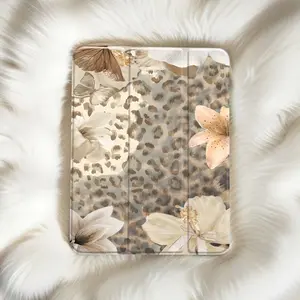 Elegant and stylish light-colored leopard print lily-themed anti-drop tablet case, with pen slot and foldable design,Suitable for iPad Mini, Air, Pro 4,5,6,7(2017,2018,2019,2020,2021,2022,2023,2024,2025 models),and Samsung S6,7,8,9,10FE + A7 LTE tablet ca