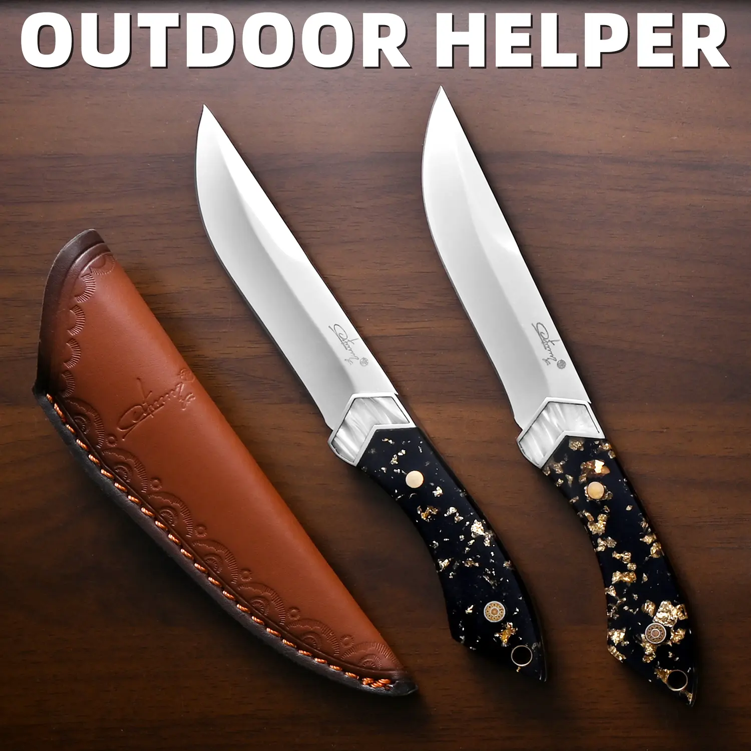 Premium Hand Forged Multipurpose Chef Knife with Elegant Acrylic Handle, Super Sharp Cutting Blade, and Embossed Leather Sheath – Kitchen & Camping Outdoor Utility Tool, Knives