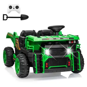 24V Kids Ride On Dump Truck with R/C,2 Seater Electric Car - 2WD/4WD Powerful Motors,4.4 Mph,Electric Dump Bed & Shovel,EVA Tires,Music Player,Soft Start,19" Spacious Seat (Green)