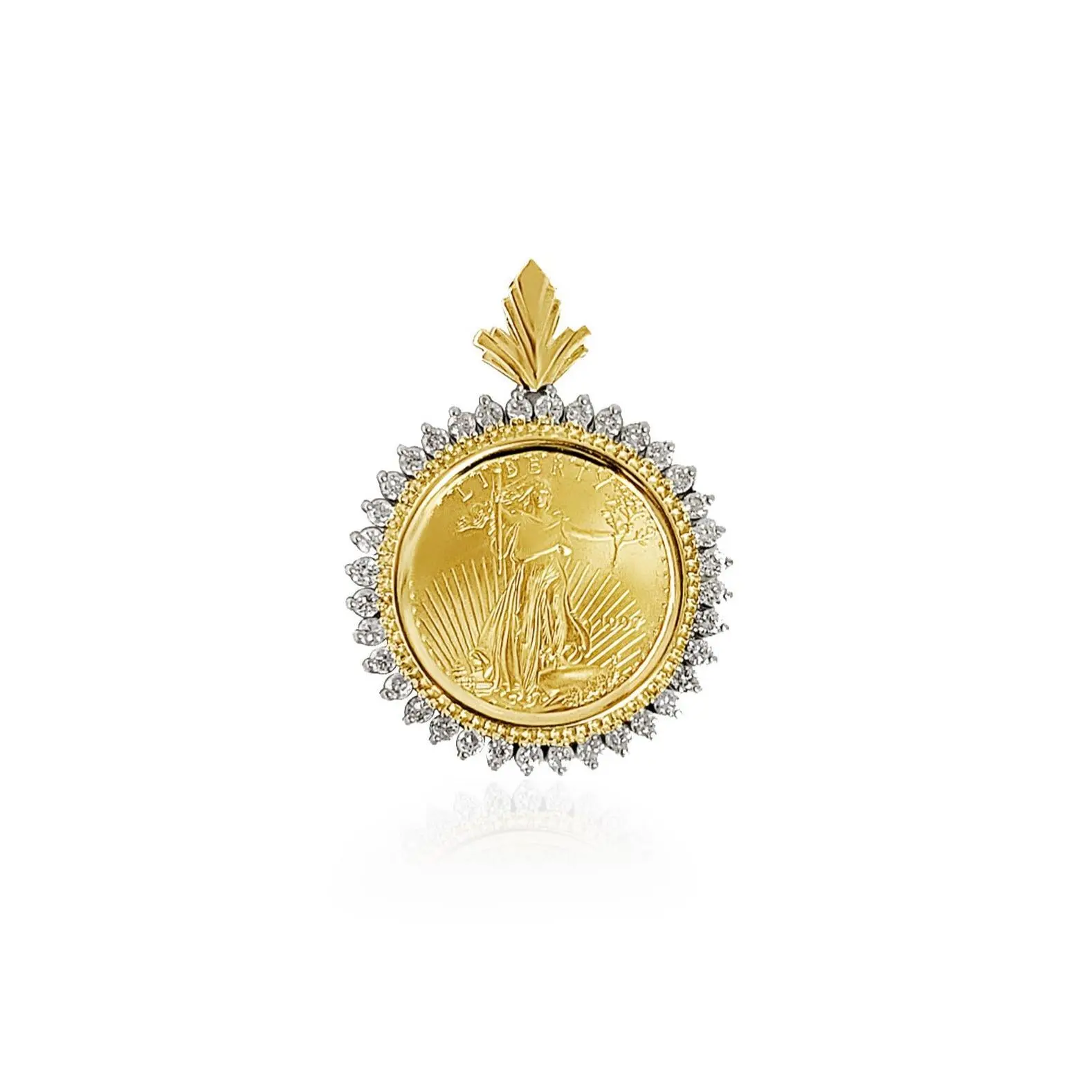 1/4OZ Fine Gold Lady Liberty Medallion with Diamond Halo Necklace