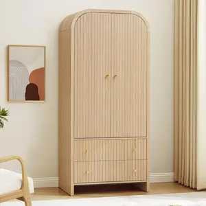 70" Arched Armoire Wardrobe Closet, Mid-Century Modern 2-Door Freestanding Clothing Storage Cabinet with Hanging Rod and 2 Drawers, Fluted Carved Storage Organizer for Bedroom