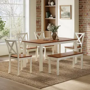 AMERLIFE 6-Piece Farmhouse Dining Table Set, 59" Wooden Table with 4 Chairs & Bench, Kitchen & Dining Room Set for 6, Space-Saving Rustic Dining Set