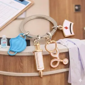 Mini Nurse Keychain with Stethoscope & Syringe - Cute Medical Accessory Gift for Nurses, Doctors, Students. Durable Zinc Alloy, Miniature Tool Charm for Graduation, Work, Holiday. Backpack ID Tag, Fun & Professional Hospital Style.