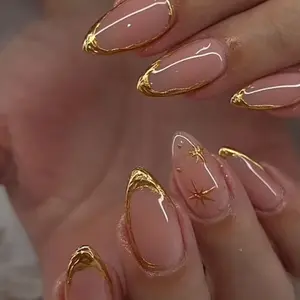 Short Almond 3D Gold Foil Press On Nails, Luxury Finished Removable Nail Art Hot Sale Wholesale