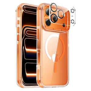 YZOIKO Strong Magnetic for iPhone 17 Pro Max/17 Pro case [with Camera Lens Protector] [10Ft Military-Grade Protection] Compatible with fit MagSafe Shockproof Slim Thin Cover case for iPhone 17 Pro Max 6.9 inch, Clear Orange