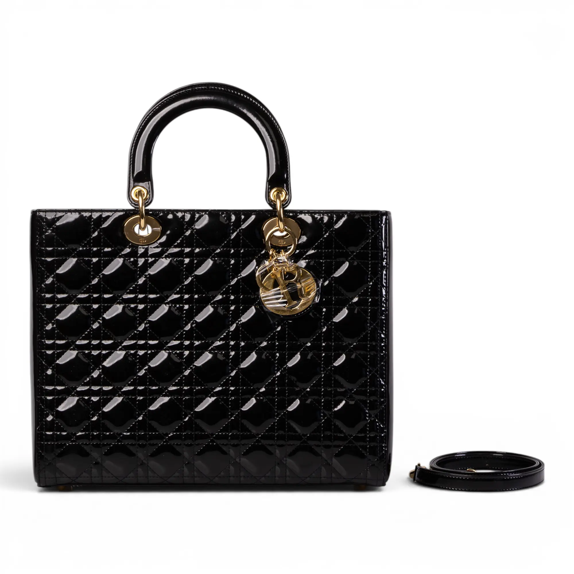 Pre-owned Dior leather Shoulder Bags Christian Black Patent Cannage Lady CN26060209