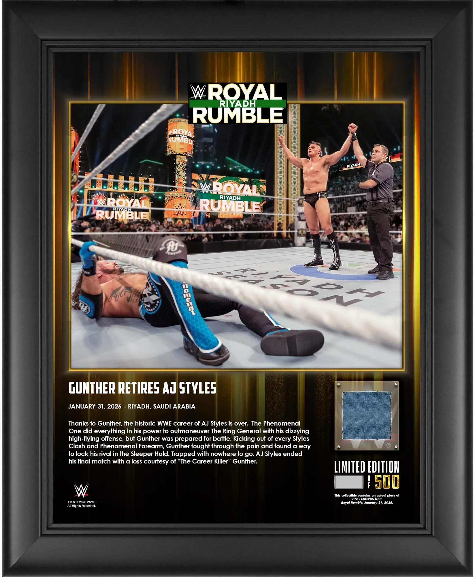Gunther and AJ Styles WWE Framed 13" x 16" 2026 Royal Rumble Collage with a Piece of Match-Used Canvas - Limited Edition of 500