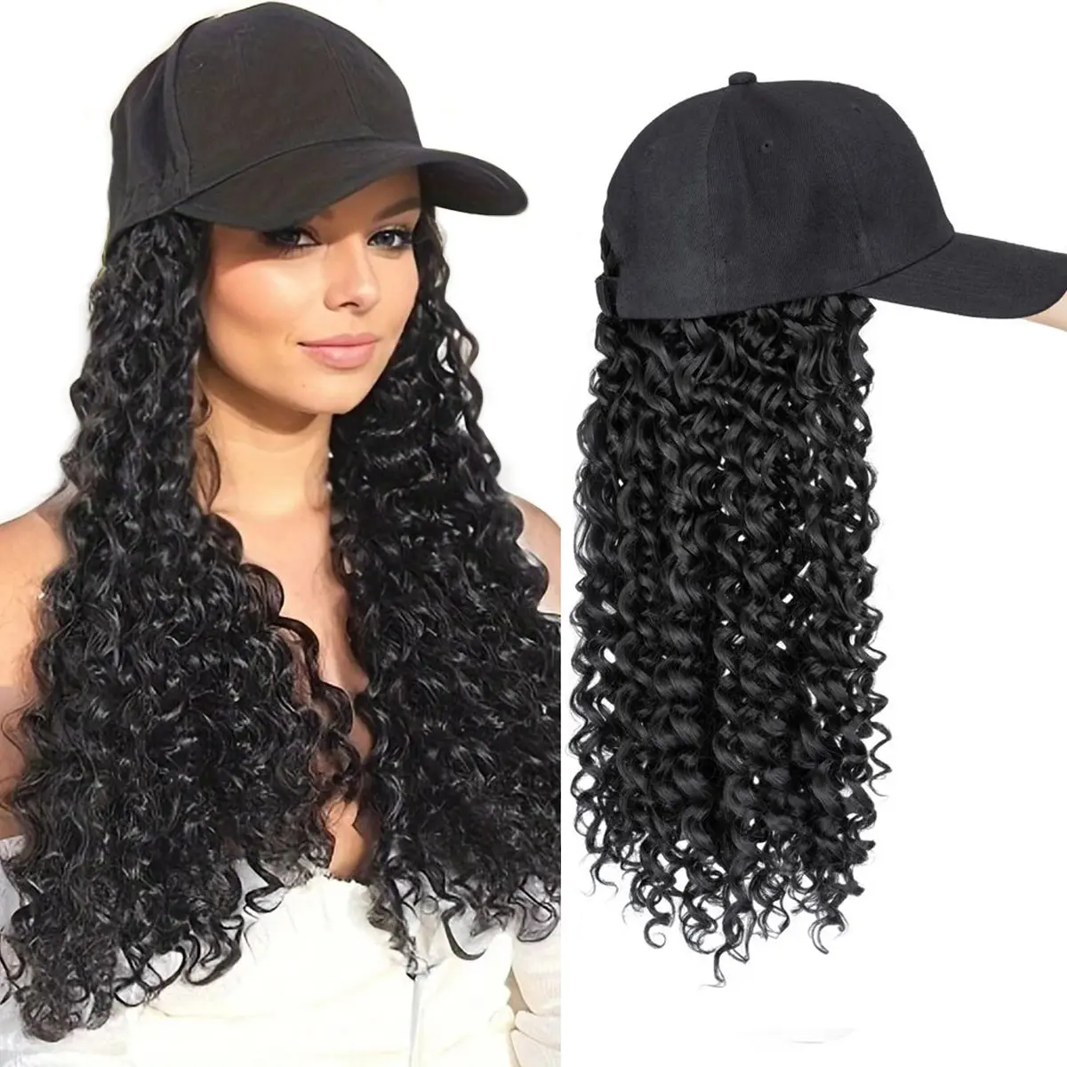 MY-LADY 20inch Hat Wigs Baseball Cap With Hair Braided Wigs Synthetic Curly Hair Pieces for Women Adjustable Wig Head Hair Replacement Wigs campingessentials