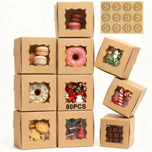 80 Pack Cookie Boxes with Window, 4x4x2.5 Inch  Bakery Boxes for , Desserts, Mini Cakes, Cookies, Pastries, Donuts, Macarons, Strawberries,  &  Giving (Brown, with Stickers)