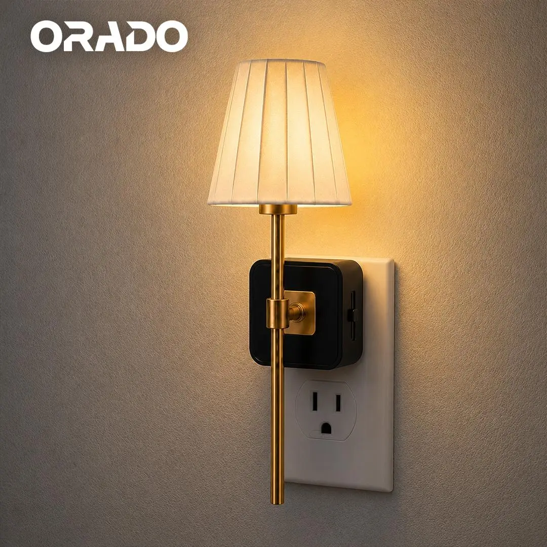 Plug-in LED Night Light with Dusk to Dawn Sensor, Dimmable Vintage Wall Sconce with Fabric Shade for Bedroom Bathroom sohochic