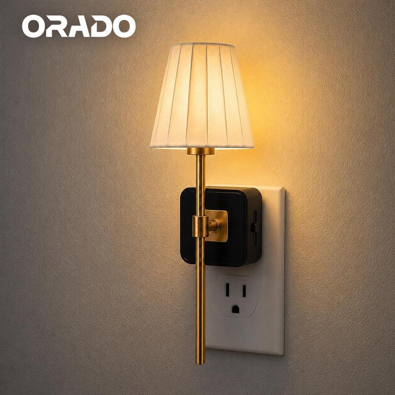 ORADO Vintage Pleated Fabric Plug-In Night Light, Dusk-to-Dawn Auto Sensor, Stepless Dimmable Soft Warm Glow Wall Sconce for Bedroom, Bathroom, Hallway & Home Decor