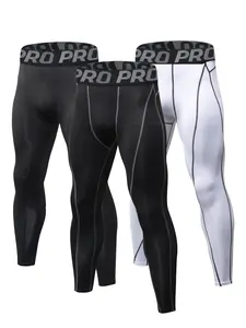 Men's High Stretch Moisture Wicking Long Pants, Pack of 3, Sporty Slim-Fitting Cycling Tights, Elastic Waist, All Seasons, Breathable Cycling Pants, Stretch Fabric Activewear