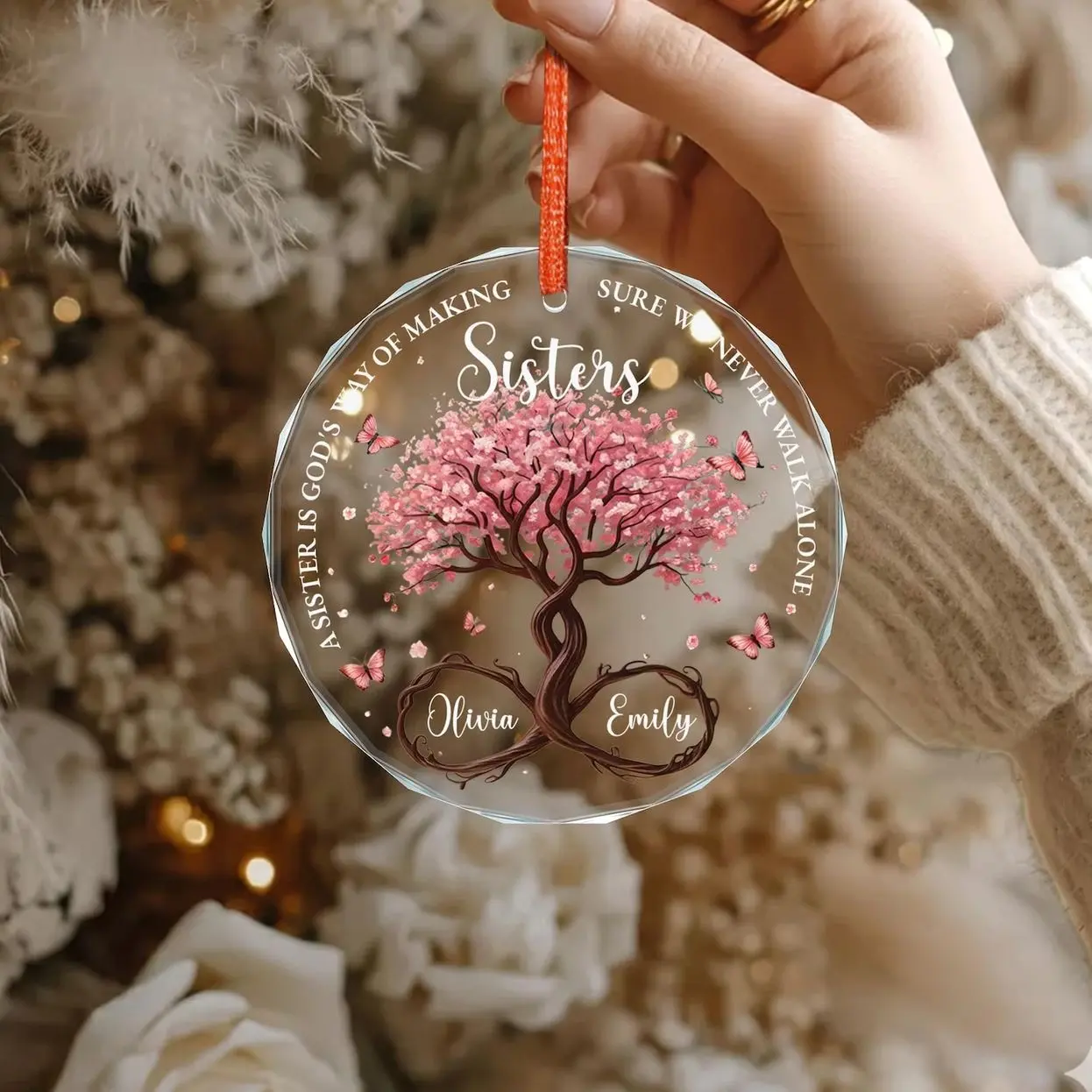 Personalized Sisters Glass Ornament, God’s Way Friendship Gift, Sister Ornament Gift with Custom Names, Tree of Life Ornament Decor