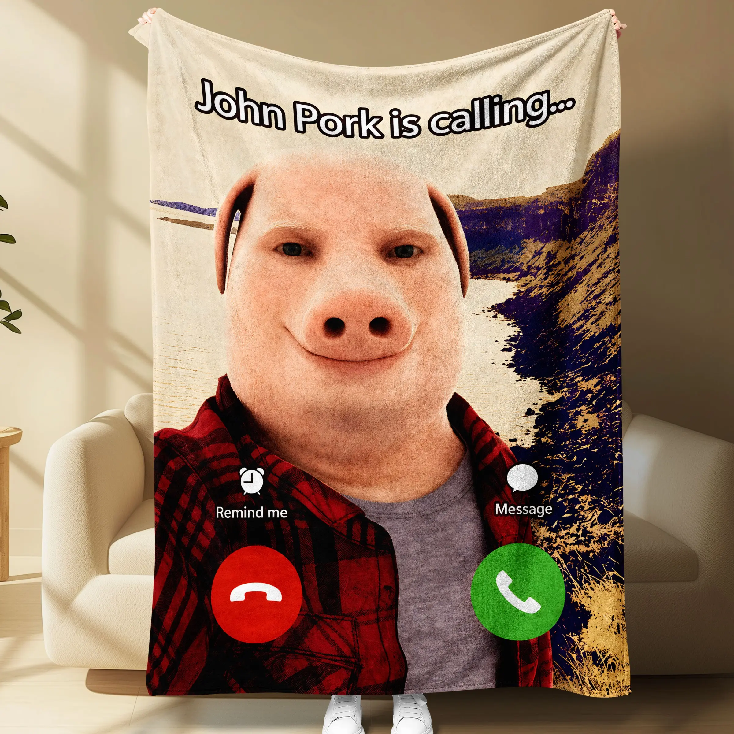 Funny Pig Phone Call Flannel Blanket, Soft Plush Meme Style Throw, Cozy Cartoon Animal Blanket for Sofa Bed Nap Travel Gift