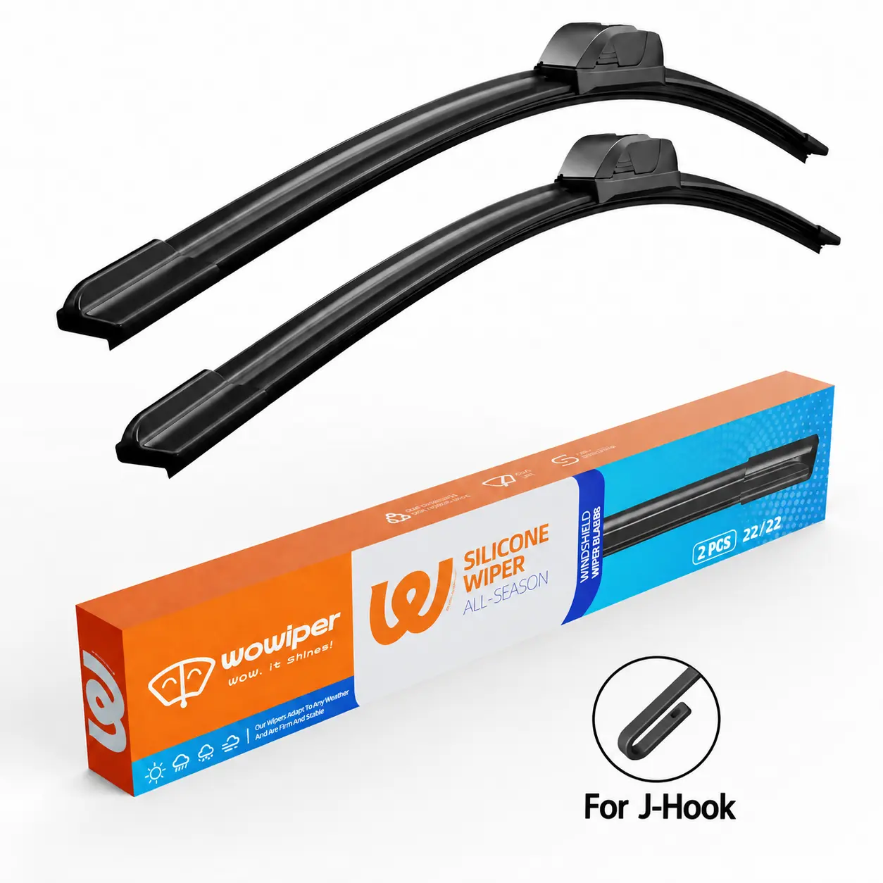 WOWIPER Silicone Windshield Wiper Blades Pack - Graphene-Coated Front Wipers, J/U Hook, Multi-Make-Fit, Quiet Water-Repellent All-Weather Performance, Easy Installation, Various Sizes, 2-Pack
