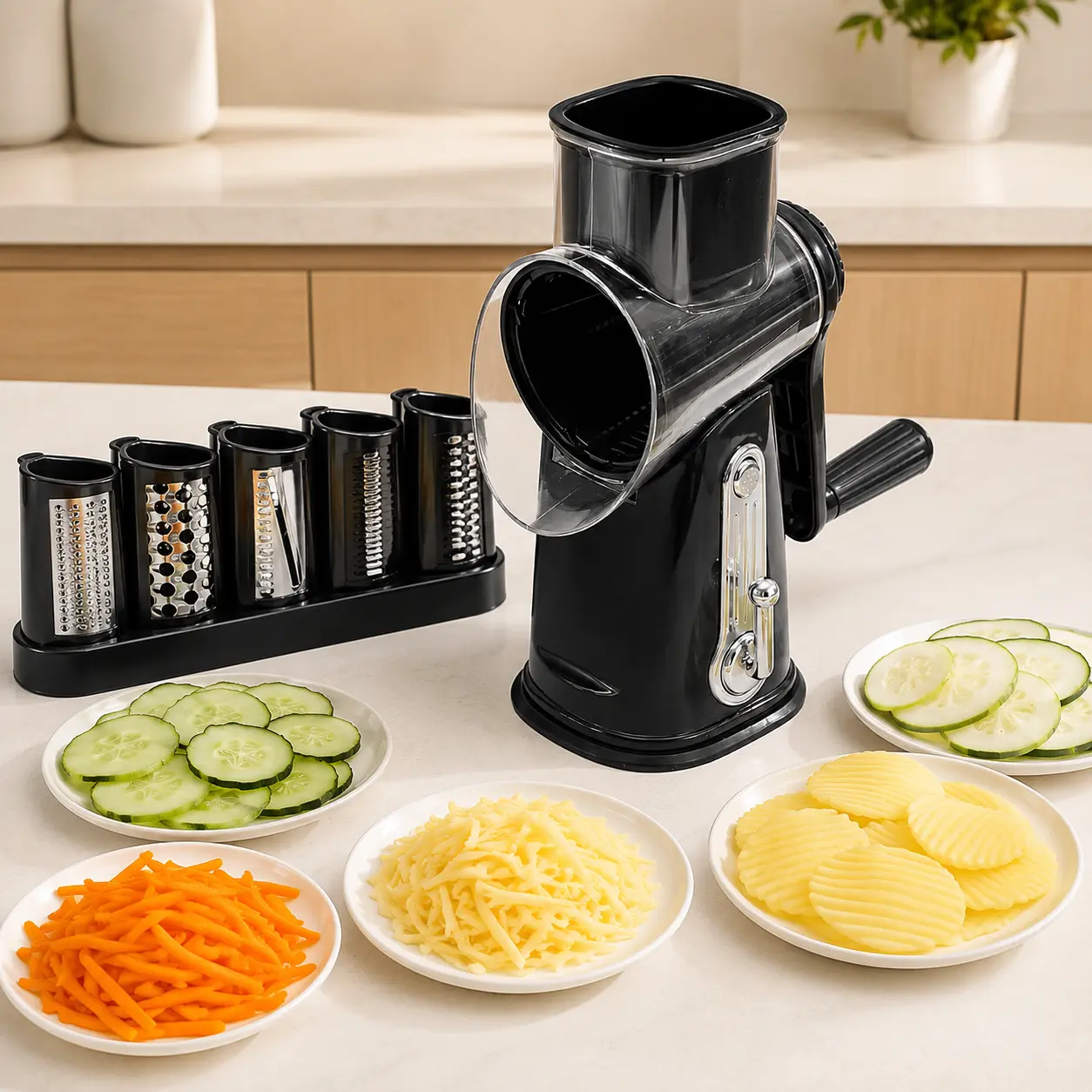 Rotary Cheese Grater with Handle, 5 Blade Vegetable Slicer Shredder, Manual Kitchen Grater with Suction Base for Cheese Veggies