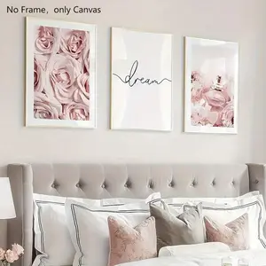 Rose & Letter Pattern Unframed Painting, Oil Painting Print, 3 Counts/set Romantic Wall Art Poster, Wall Art Decor for Home Living Room Bedroom