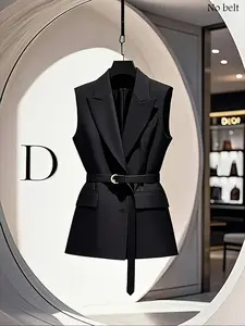 Women's Elegant Sleeveless Blazer Vest, Solid, Lapel Design, No Belt, Office or Casual Fashion, Plain Color Waistcoat