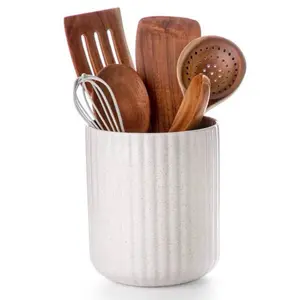 Nucookery Ceramic Utensil Holder for Countertop, 7.2" Large Cooking Utensil Crocks for Kitchen Counter, Farmhouse Kitchen Decor (Sand)