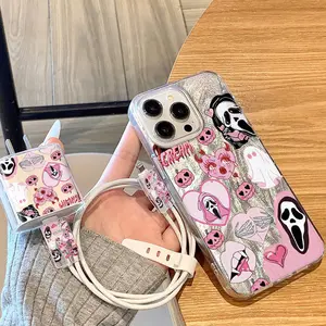 5 Piece Set Silver Color Horror Movie Scream Face Phone Case, Charger Head Cover, Cable Protector, Storage Rope, Anti-Drop Tpu Shell for iPhone Phone Decoration