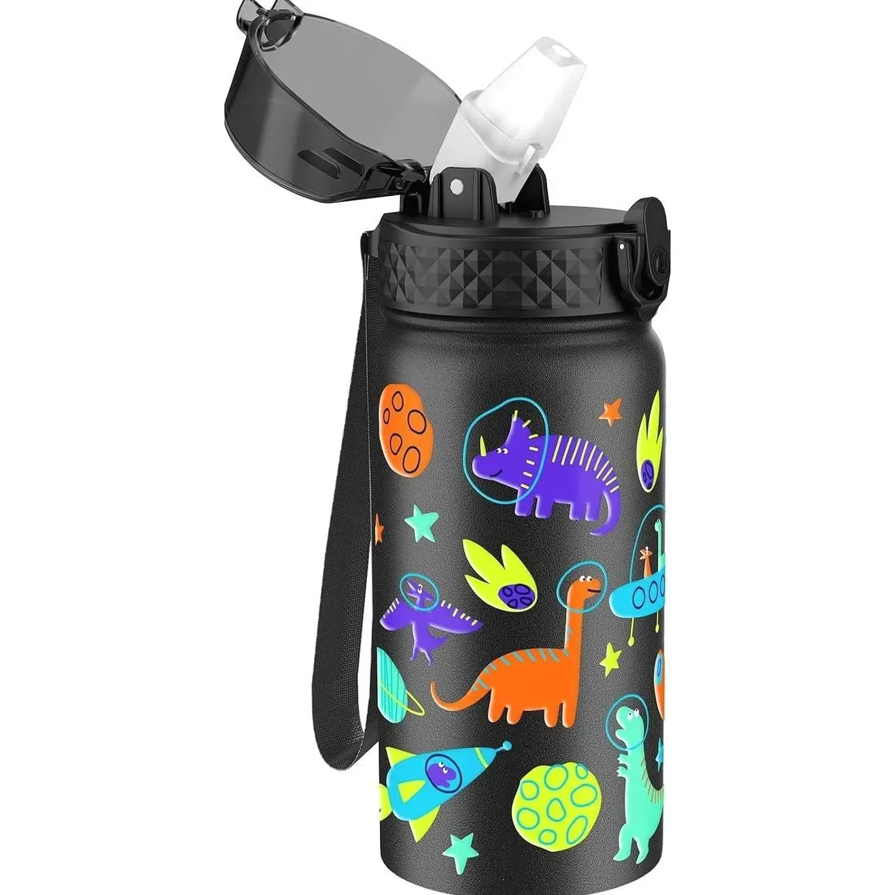 GOPPUS Kids Water Bottle (Straw Lid) - 14 Oz Stainless Steel Travel Bottle, Double Wall Vacuum Leak Proof Kids Cup for School Boys Girls,Space dinosaur