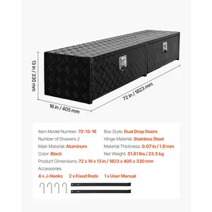 VEVOR Truck Tool Box, 72x 13x 16 Inch, Black Aluminum Tread Topsider Toolbox with Dual Drop Doors, Heavy Duty Lockable Storage and Organization Box with Latch, Corrosion-Resistant, for Truck Bed