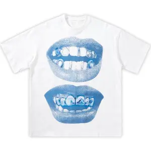 [100% Cotton] Double Blue Lips Grillz Boxy Cotton Tee Shirt Boxy Shirt Opium, Y2K, Fashion, Streetwear, Unisex, Men, Women, Cotton, Crew Neck, Y2K Golf Gift T-Shirt For Men And Women Men Tee