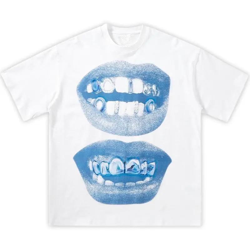 [100% Cotton] Double Blue Lips Grillz Boxy Cotton Tee Shirt Boxy Shirt Opium, Y2K, Fashion, Streetwear, Unisex, Men, Women, Cotton, Crew Neck, Y2K Golf Gift T-Shirt For Men And Women Men Tee