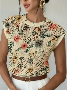 Elegant Women's Vintage Bohemian Colorblock Floral Plant Leaf Flower Print Round Neck Sweater, Spring Summer Casual Knit Top, Breathable Daily Wear