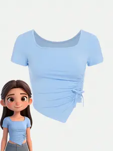 Teenage Girl Sky Blue Square Neck Slim Fit Irregular Short Top, Bow Tie Drawstring, Style, Fashion Trend, All Seasons Wear