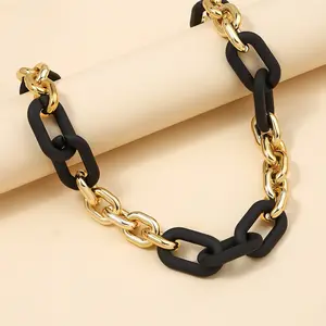 1pc Punk Chunky Acrylic Chain Necklace Classic Golden Black Color Block Necklace Trendy Jewelry For Women
