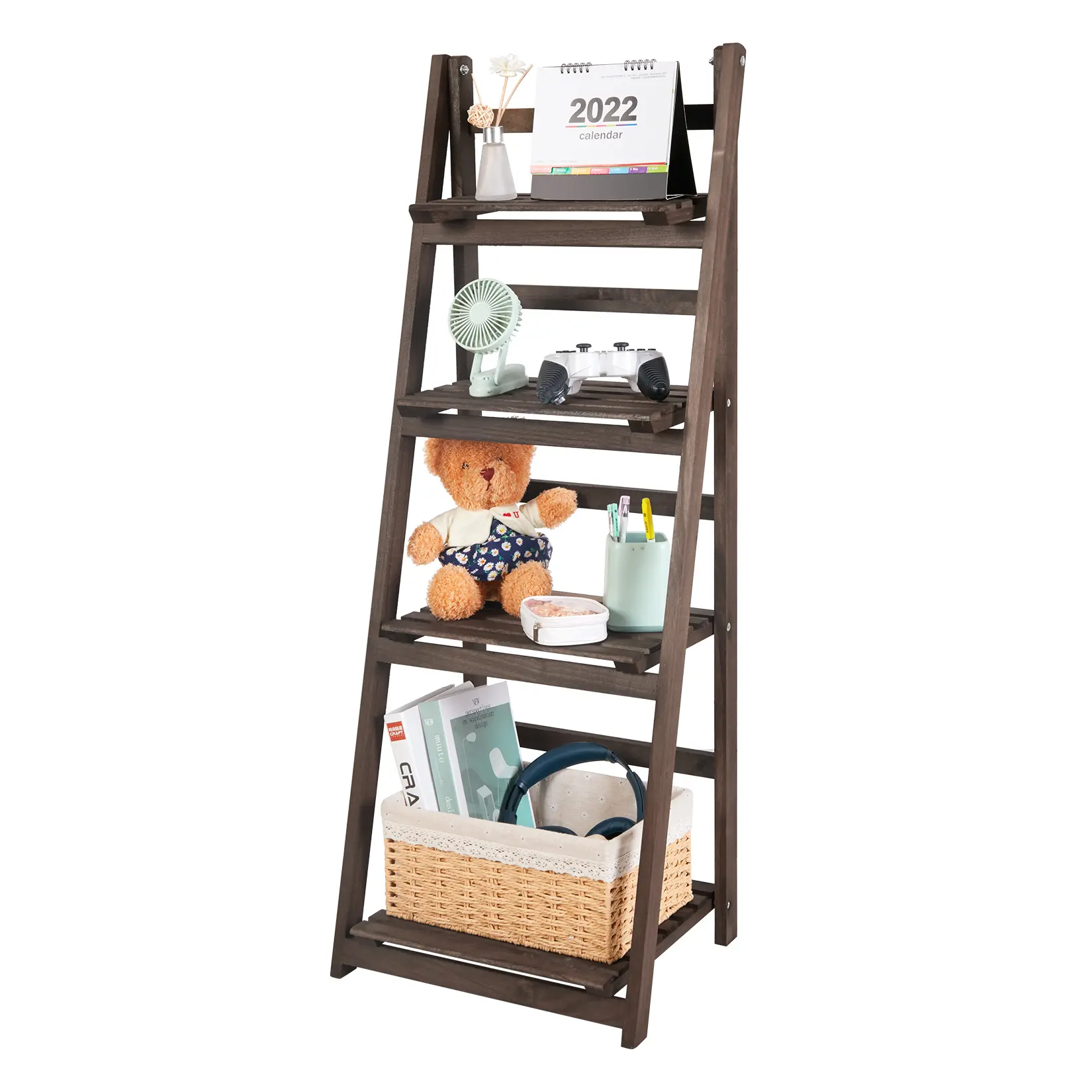 4-Tier Ladder Storage Shelf Solid Wood Garden Plants Display Stand Folding Bookshelf