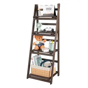 4-Tier Ladder Storage Shelf Solid Wood Garden Plants Display Stand Folding Bookshelf