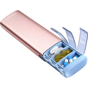 Metal Travel Pill Organizer, 7 Day Weekly Pill Box, Large Capacity Daily Cute Pill Case for Supplements, Pills, Vitamins and Medication (Small, Rose Gold)