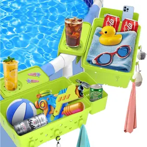 2 Sets Poolside Storage Basket for Above Ground Pool Accessories, Universal Fit Pool Storage with Cup Holders Large Capacity, Durable Pool Organizers for Towels Green