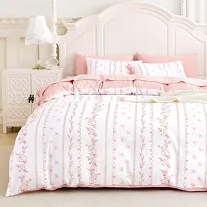 - Shabby Chic Comforter Set, Cottagecore Floral Romantic Charmg Style with Botanical Stripe , Soft Lightweight Beddg, 3 count, Pk White, Full Size